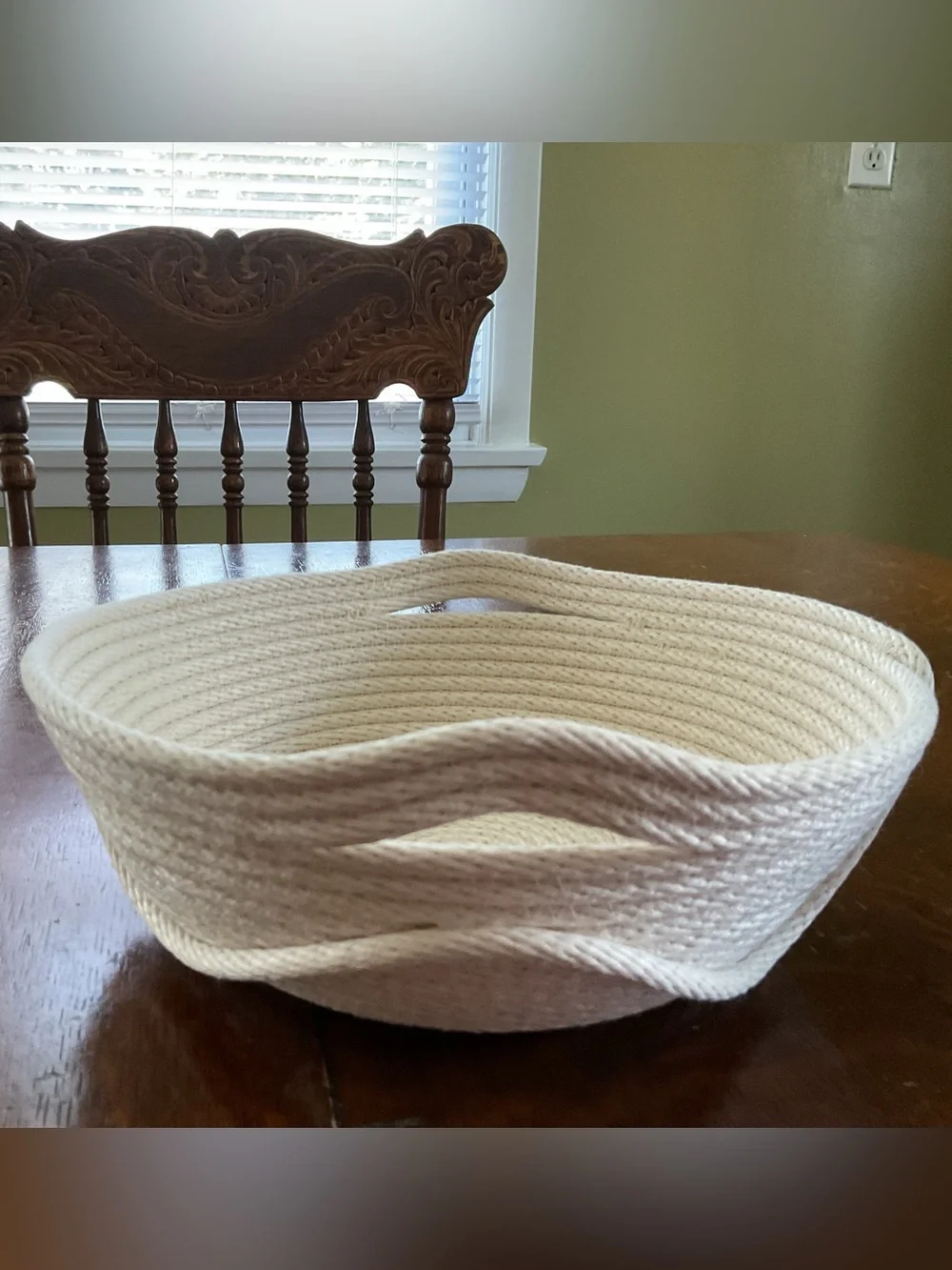 Handmade Heavy-Duty Beige Cotton Rope Bowl with Handles & Spiral Accent